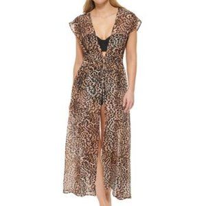 Calvin Klein Jaguar Animal-Print St. Tropez Tie-Front Maxi Cover-up Size…